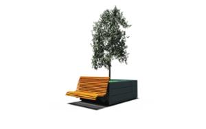 street furniture, planter, seating, wood backrest, wood seating