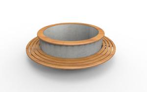 street furniture, planter, bench, seating, concrete, smooth concrete, attached to wall, wood, curved, wood seating, steel
