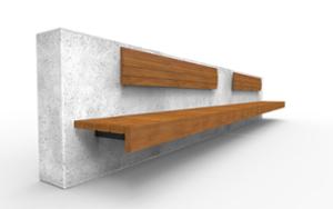 street furniture, seating, wood seating, wood backrest, attached to wall, concrete, smooth concrete