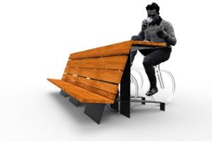 street furniture, bench, seating, bicycle stand, wood seating, wood backrest, table, multiple stands, for wheel, cyclist table, easy installation, high backrest