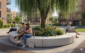 straatmeubilair, bank, beton, glad beton, gebogen, betonnen zitting