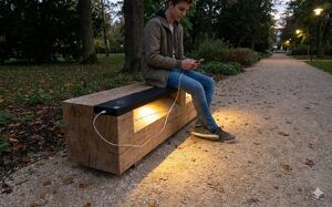 straatmeubilair, bank, houten zitting, kleine tafel, 230v en/of usb aansluiting, solair, inductie/qi lader, fotowoltaika, kłoda