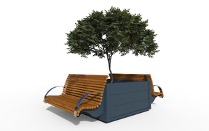 straatmeubilair, zitbanken, plantenbak, houten zitting, houten rugleuning