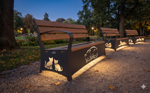 straatmeubilair, zitbanken, houten zitting, verlichting, vintage, solair, fotowoltaika, solarna listwa smartbeam