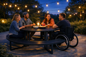 straatmeubilair, bank, overige, gebogen, tafel, barbeque, picknick set, toegankelijk voor mindervaliden