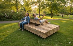 mała architektura, seating, double-sided , kłoda, chaise longue, wood backrest, wood seating