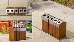 mała architektura, litter bin, corten, canopy roof / lid, logo, full segregation, side aperture