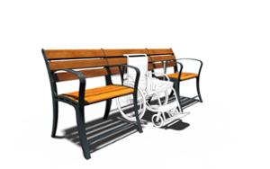mała architektura, seating, for elderly people, accessible for disabled, wood backrest, wood seating, small table, table, vintage
