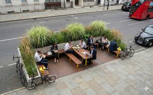 mała architektura, bench, seating, planter, mobile (pallet jack compatible), table, cycle rack, parklet, leasure and rest