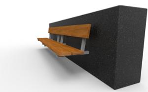 street furniture, seating, wood seating, wood backrest, attached to wall, concrete, smooth concrete