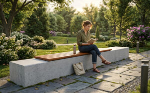 street furniture, bench, concrete, smooth concrete, wall top, wood seating