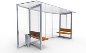 street furniture, seating, other, wood seating, wood backrest, bus stop canopy, glass, canopy