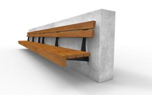 street furniture, seating, wood seating, wood backrest, attached to wall, concrete, smooth concrete