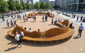 street furniture, seating, curved, double-sided , modular, high backrest, price per metre, length measured on longer side
