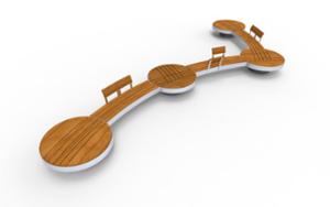 street furniture, bench, seating, wood seating, wood backrest, curved, concrete, smooth concrete, double-sided , modular