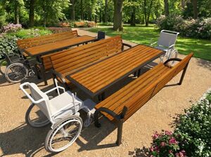 street furniture, seating, wood seating, wood backrest, picnic set, accessible for disabled