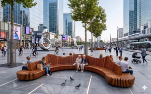 street furniture, seating, wood seating, wood backrest, double-sided , modular, high backrest