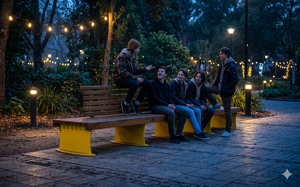 street furniture, bench, seating, wood seating, wood backrest, logo